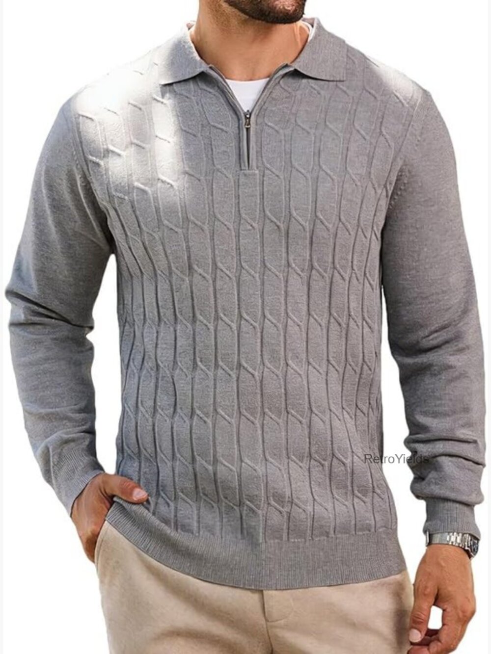 Quarter Zip Cable Knit Polo Pullover Sweater for Men Long Sleeve Regular Fit